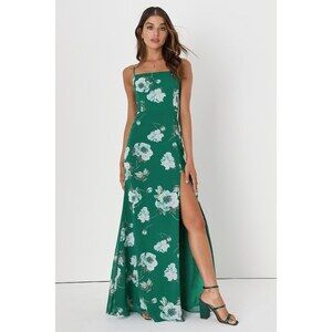Lulus Feeling Elegant Green Floral Print Lace-up Slit Maxi Dress - Size S